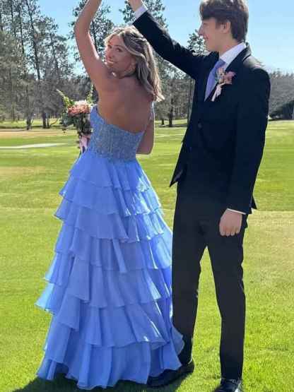 One Shoulder A-Line Empire-Waist Tiered Chiffon Prom Dress