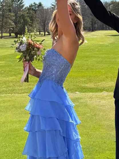 One Shoulder A-Line Empire-Waist Tiered Chiffon Prom Dress