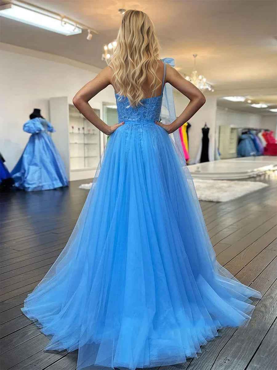 One Shoulder Lace Ruched A-Line Tulle Prom Dress with Bow