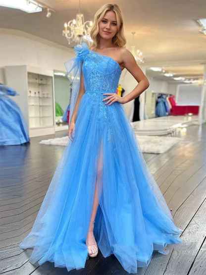 One Shoulder Lace Ruched A-Line Tulle Prom Dress with Bow