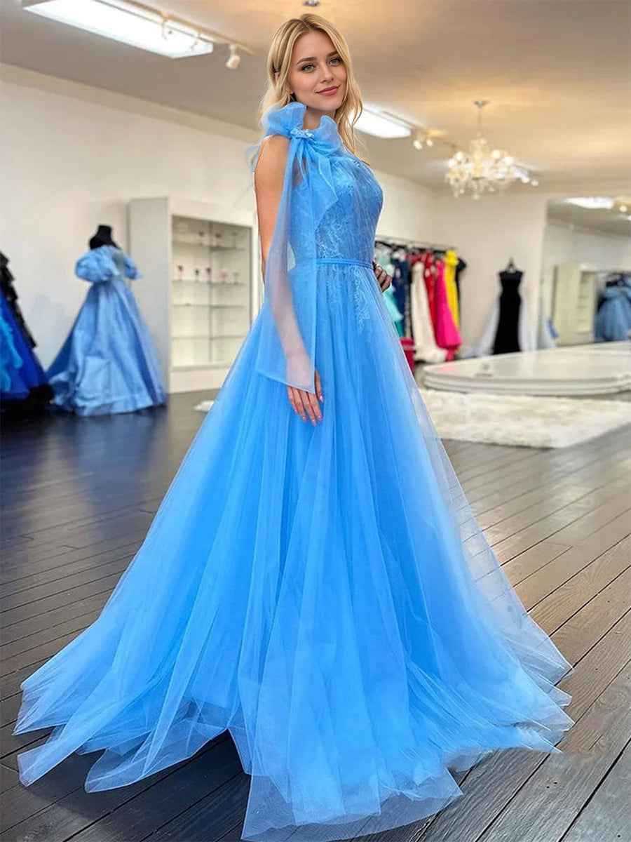 One Shoulder Lace Ruched A-Line Tulle Prom Dress with Bow