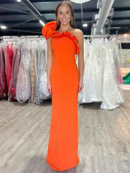 One Shoulder Mermaid Ruffled Satin Long Prom Dress