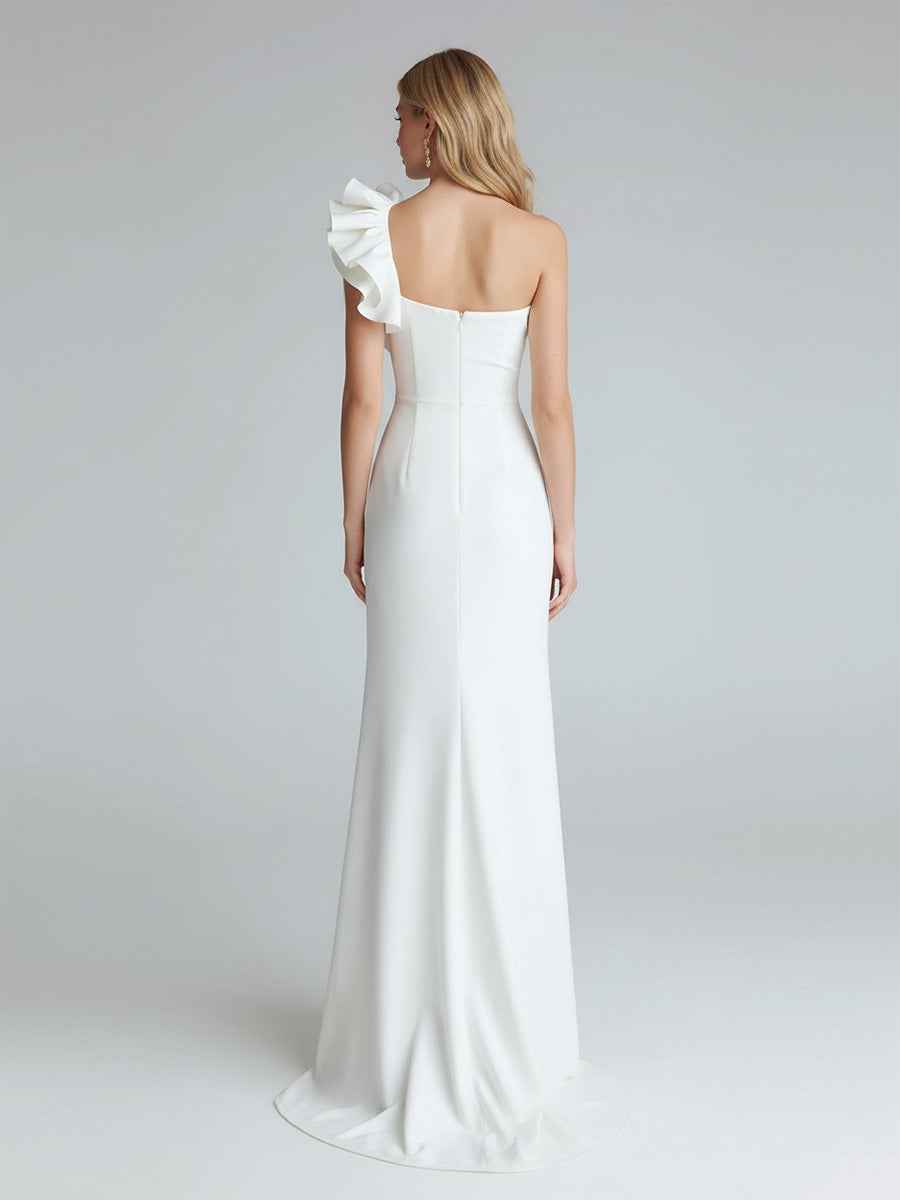 One Shoulder Satin Long Prom Dress with Ruffles