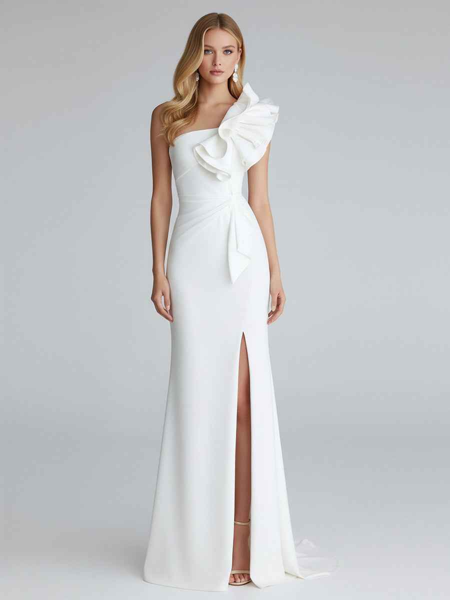 One Shoulder Satin Long Prom Dress with Ruffles