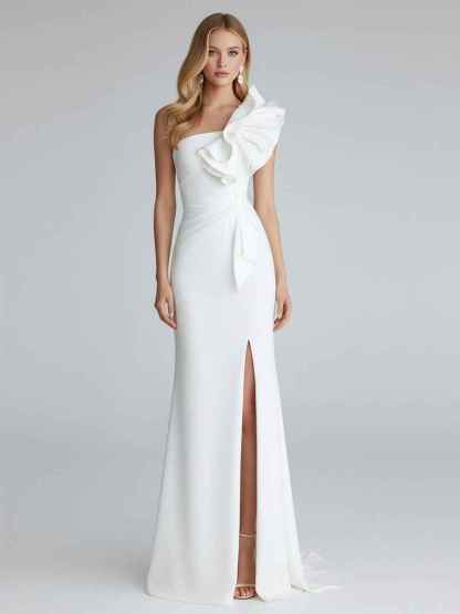 One Shoulder Satin Long Prom Dress with Ruffles