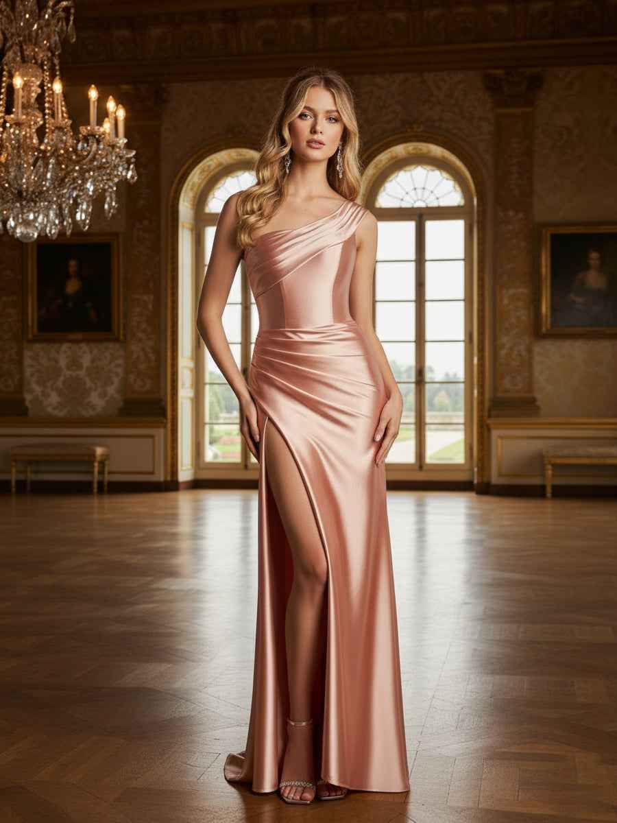 One Shoulder Stretch Pleated Satin Formal Dress