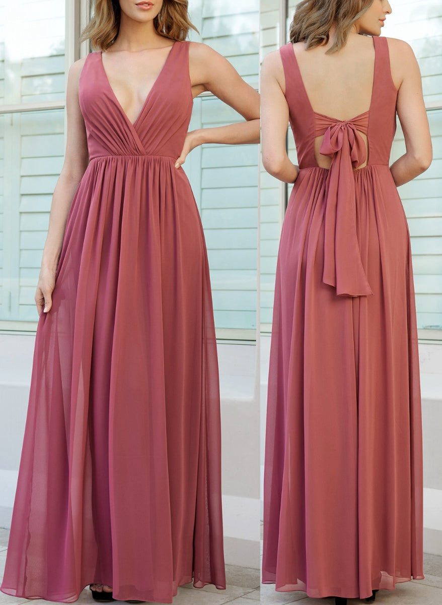 V-Neck Floor-length A-Line Princess Bridesmaid Gowns