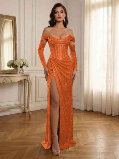 Silver Sequin Off-the-Shoulder Long Sleeves Corset Prom Dress with Slit