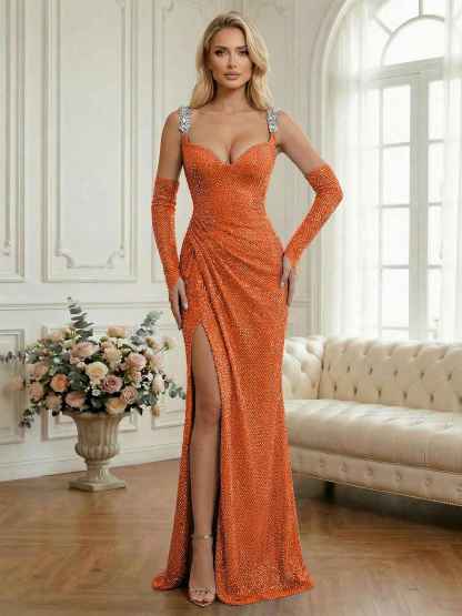 Light Blue Sequin Mermaid Matching Opera Gloves Long Prom Dress with Slit