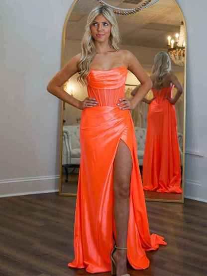 Orange Mermaid Strapless Sheer Bodice Long Prom Dress with High Slit