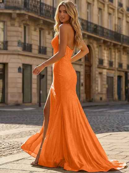 Yellow Beaded Halter Corset Prom Dress with High Slit