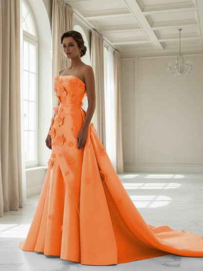 Pink A Line Satin Strapless Prom Dress with 3D Floral Appliques