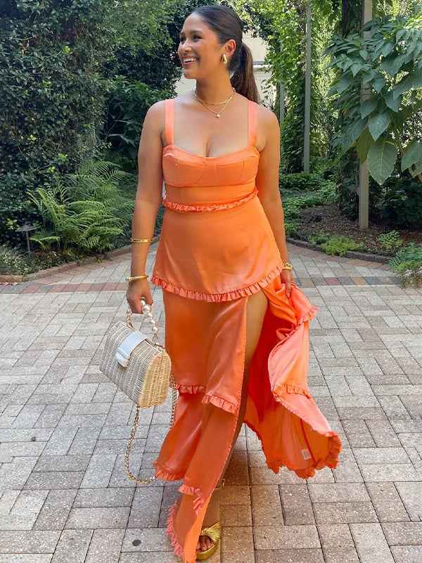 Orange A Line Cantaloupe Corset Tiered Long Prom Party Dresss