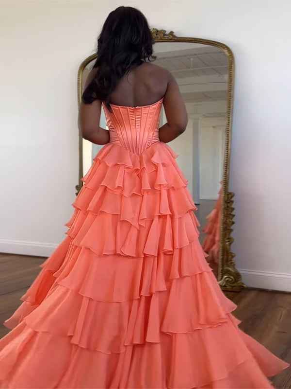 Yellow A Line Strapless Satin Corset Long Prom Dress with Ruffle Skirt