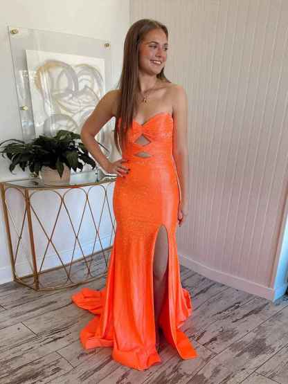 Orange Mermaid Strapless Long Prom Dress with Beads