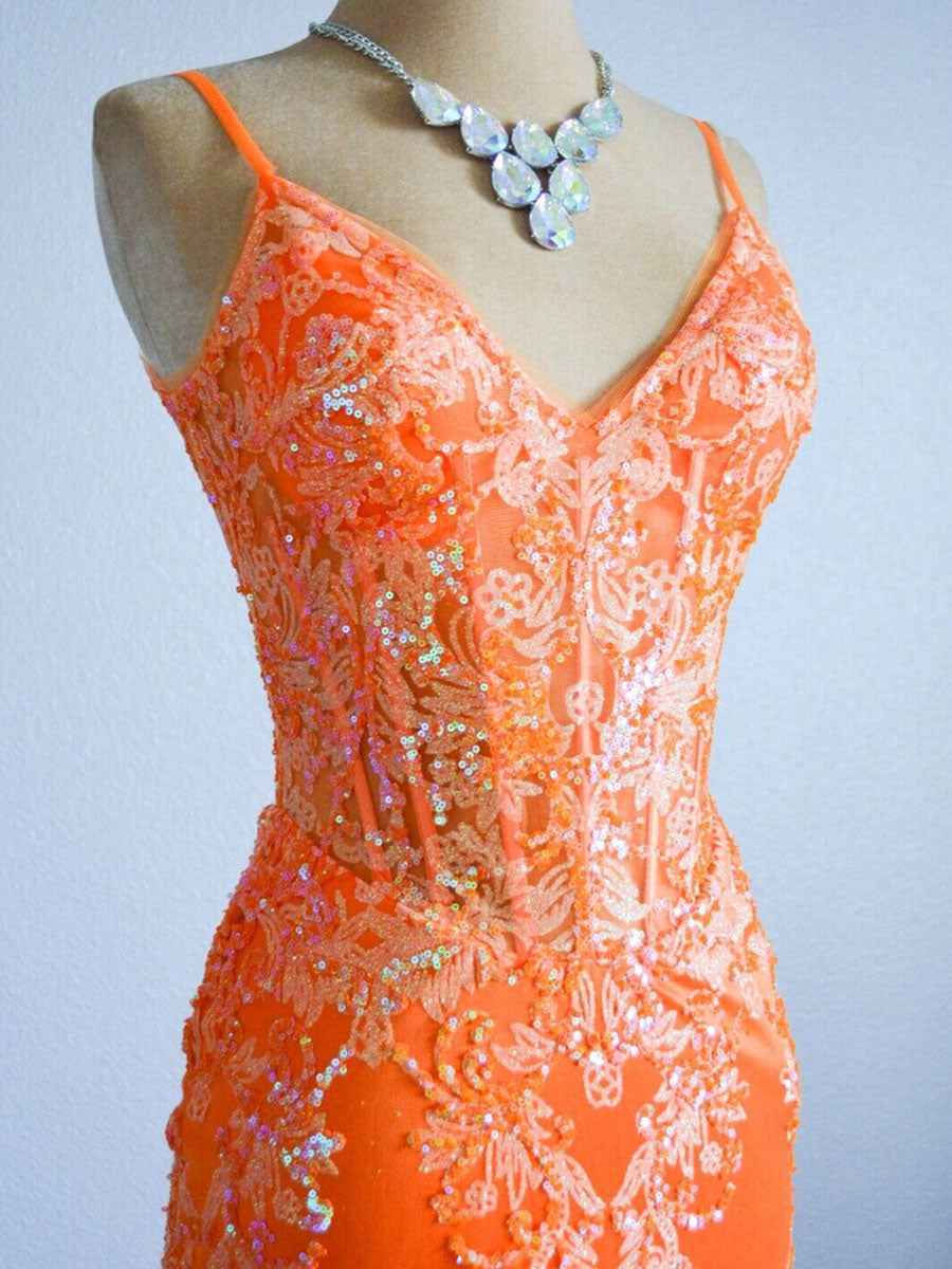 Orange Mermaid Spaghetti Straps Sequins Applique Prom Dress
