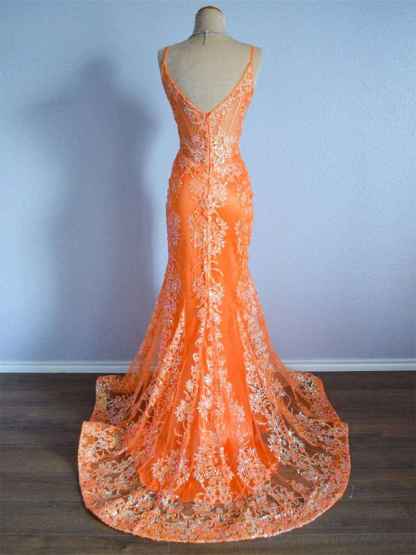 Orange Mermaid Spaghetti Straps Sequins Applique Prom Dress