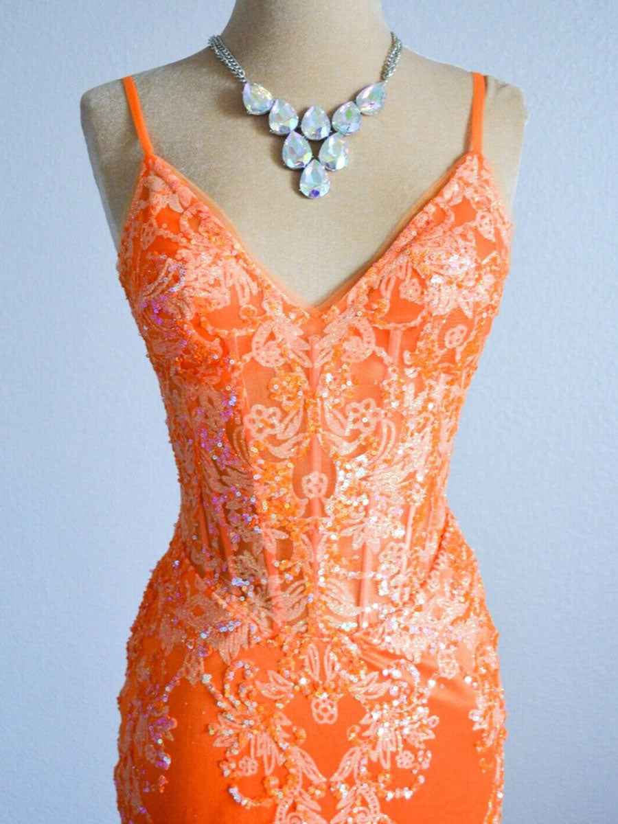 Orange Mermaid Spaghetti Straps Sequins Applique Prom Dress