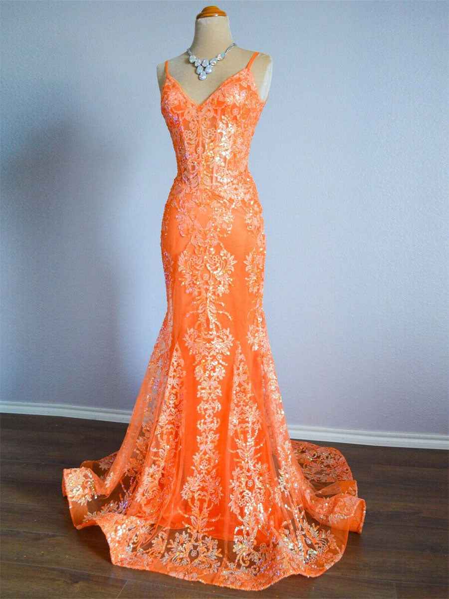 Orange Mermaid Spaghetti Straps Sequins Applique Prom Dress