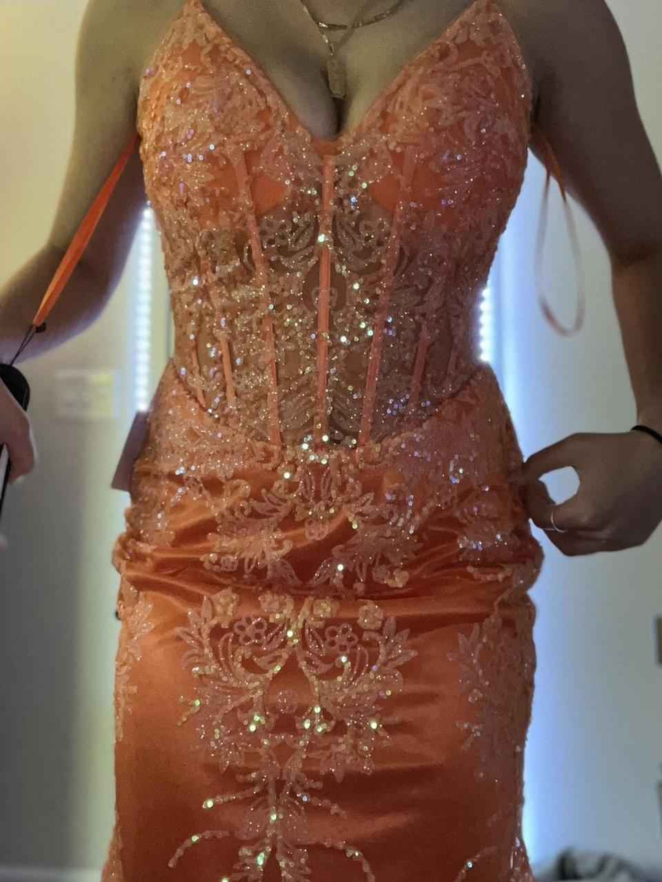 Orange Mermaid Spaghetti Straps Sequins Applique Prom Dress