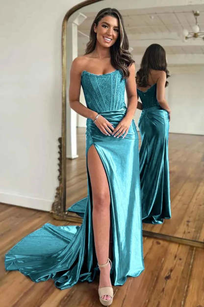 Fuchsia Strapless Corset Mermaid Long Satin Prom Dress with Slit