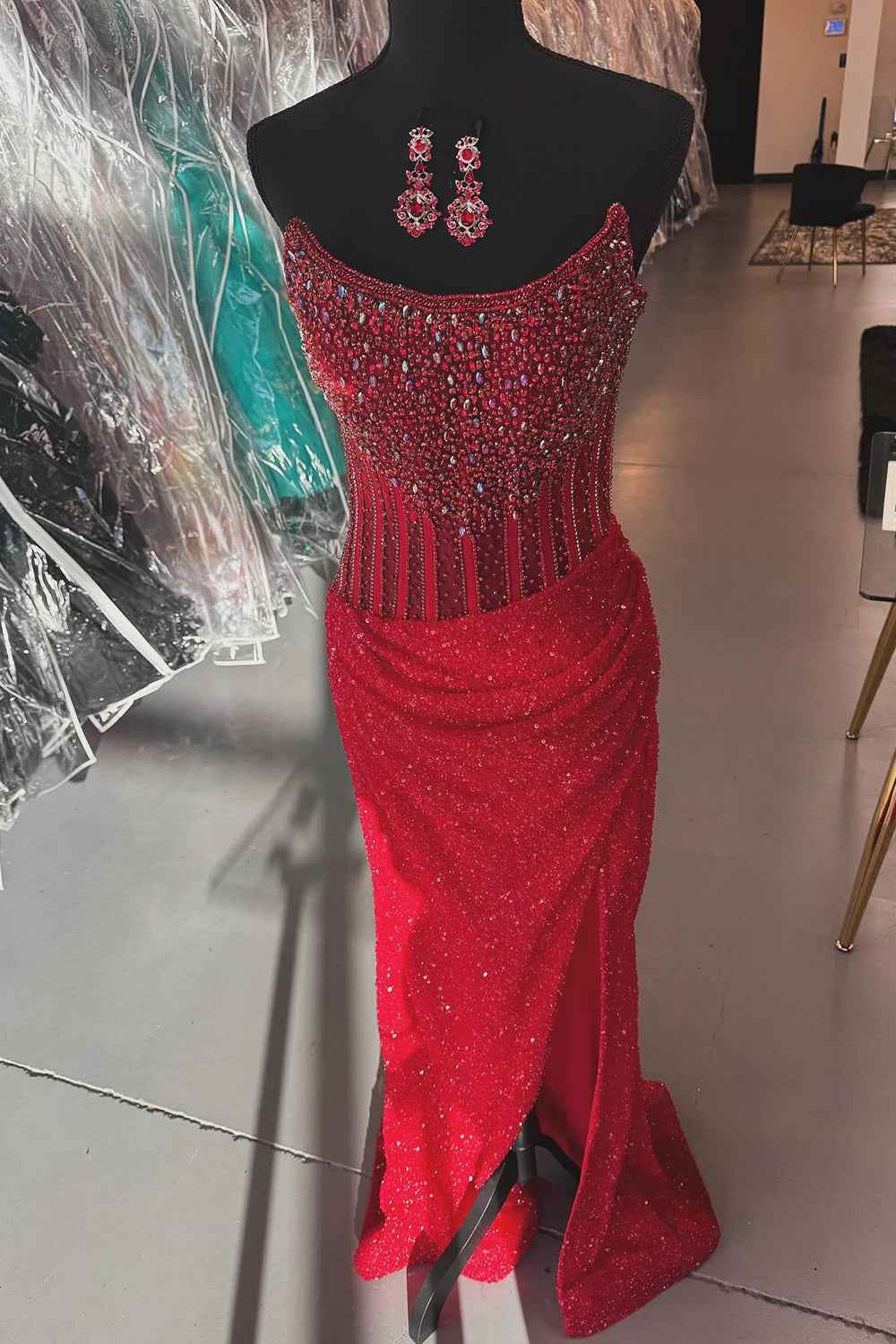 Sparkly Champagne Strapless Sequins Bodycon Long Corset Prom Dress with Beading