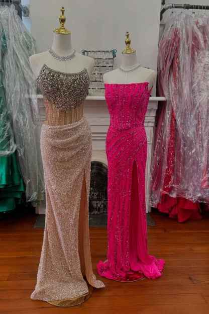 Sparkly Champagne Strapless Sequins Bodycon Long Corset Prom Dress with Beading