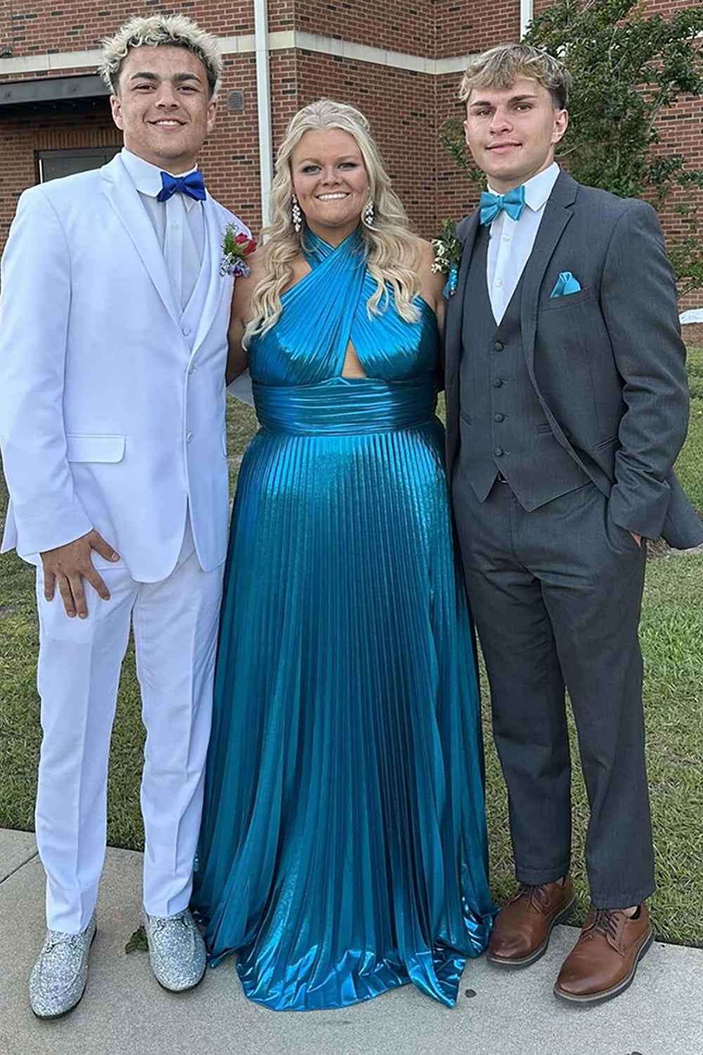 Metallic Blush Halter Neck A-Line Pleated Long Prom Dress with Slit