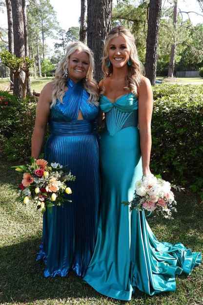 Metallic Blush Halter Neck A-Line Pleated Long Prom Dress with Slit