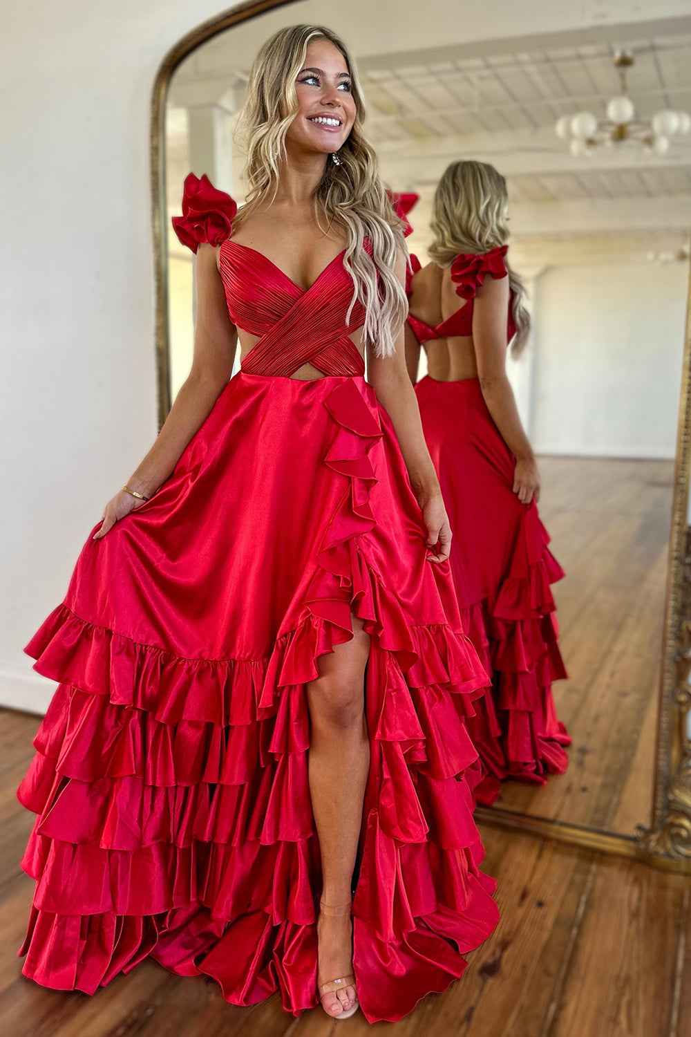 Red V-Neck A-Line Satin Tiered Long Prom Dress with Ruffles