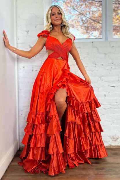 Red V-Neck A-Line Satin Tiered Long Prom Dress with Ruffles