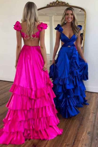 Red V-Neck A-Line Satin Tiered Long Prom Dress with Ruffles