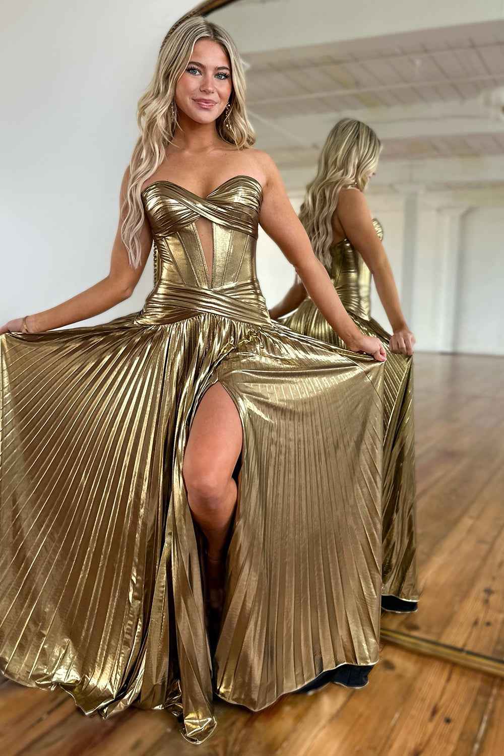 Golden Sweetheart A-Line Metallic Pleated Long Corset Prom Dress with Slit