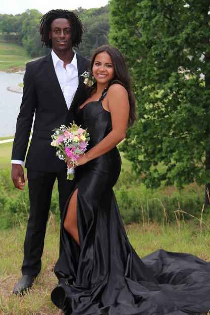 Red Spaghetti Straps Mermaid Satin Backless Long Prom Dress with Slit