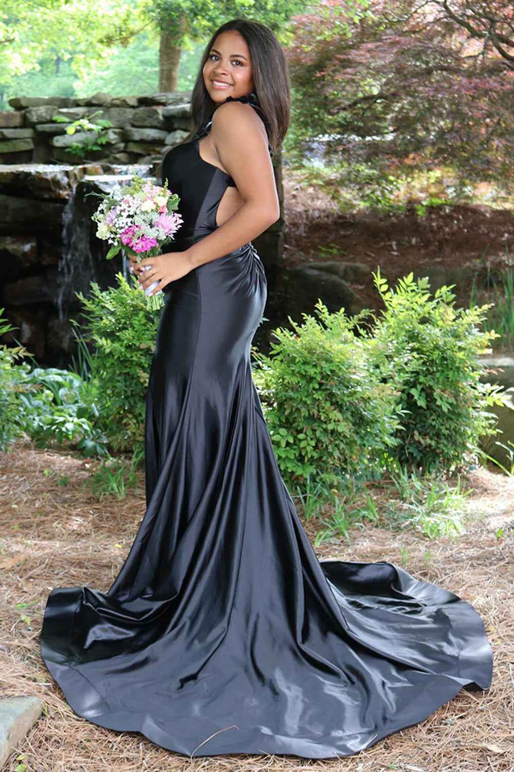 Red Spaghetti Straps Mermaid Satin Backless Long Prom Dress with Slit