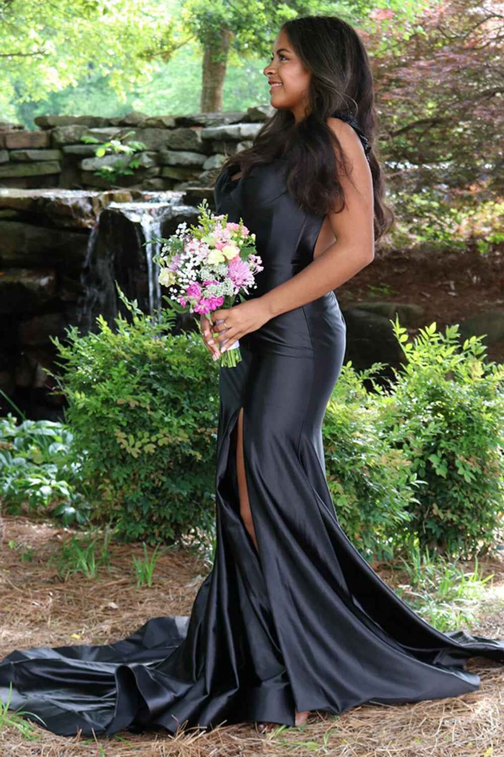 Red Spaghetti Straps Mermaid Satin Backless Long Prom Dress with Slit