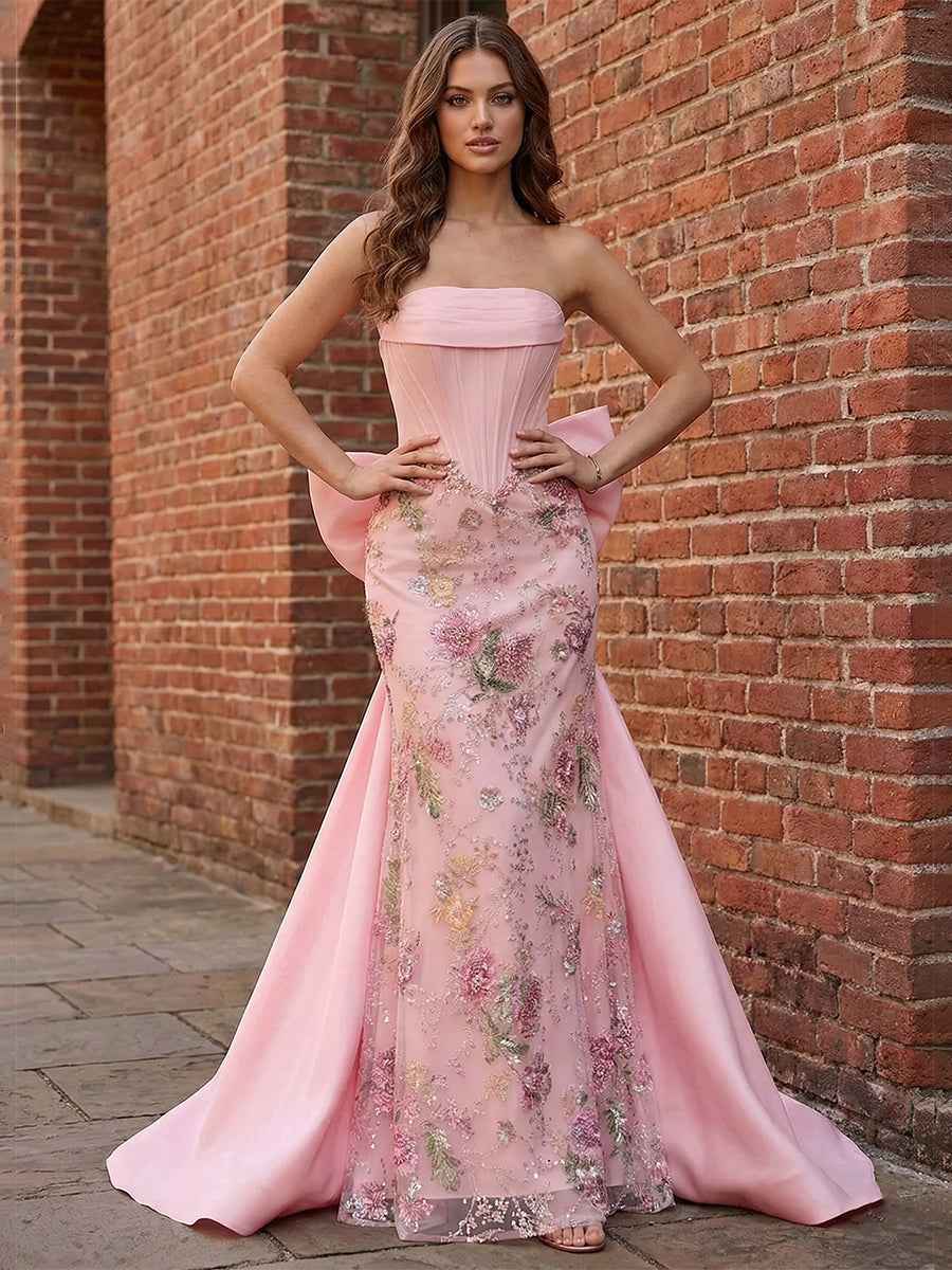 Pastel Pink Enchanting Corset Prom Dress with Oversized Bow Train