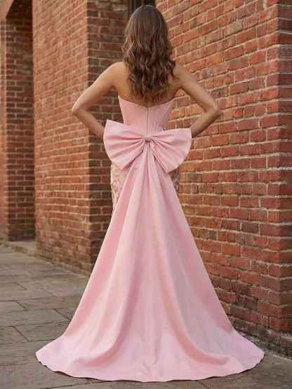Pastel Pink Enchanting Corset Prom Dress with Oversized Bow Train