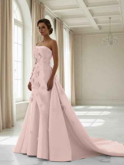 Pink A Line Satin Strapless Prom Dress with 3D Floral Appliques