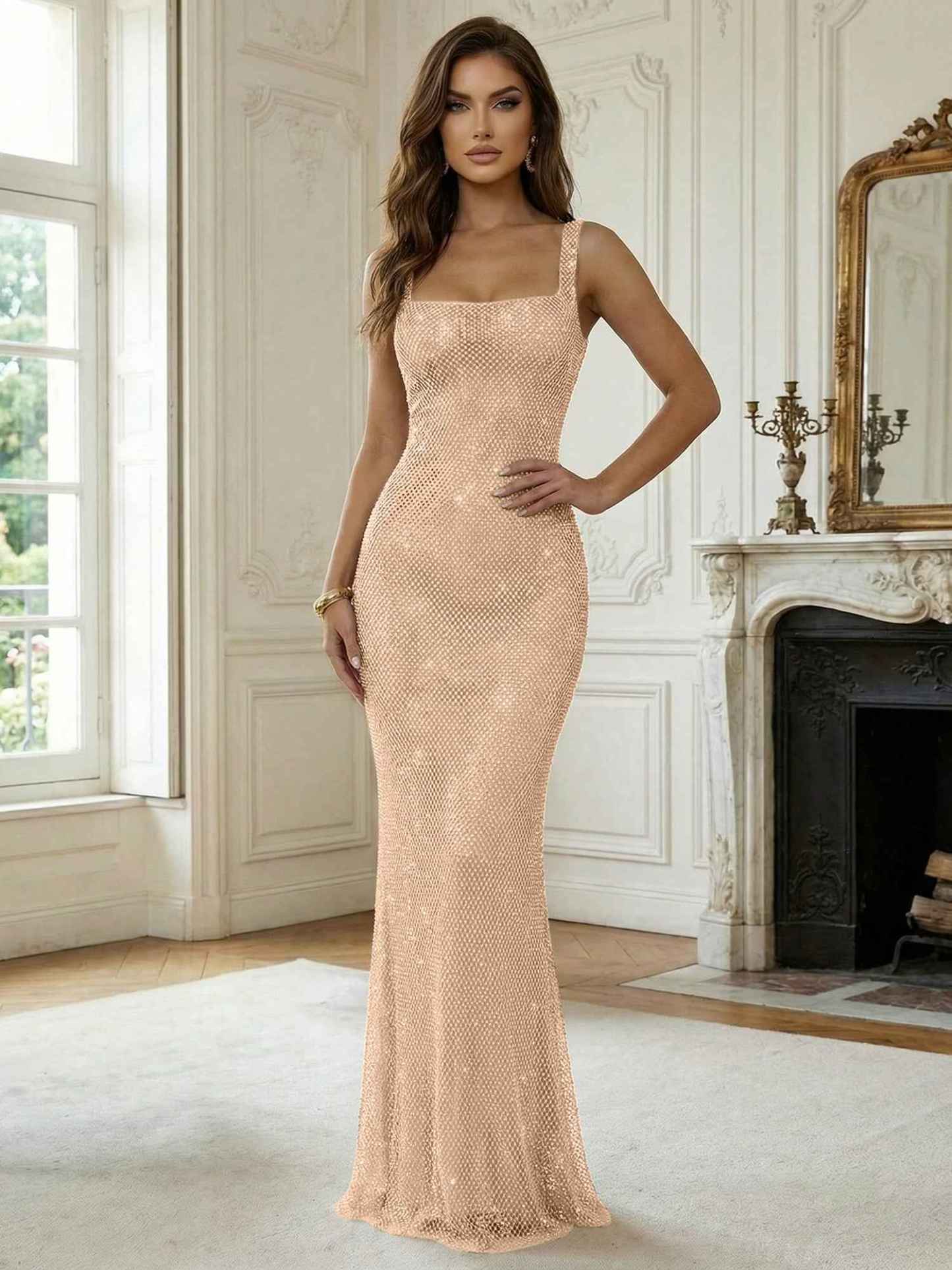 Crystal-Embellished Mermaid Long Prom Dress with Square Neckline