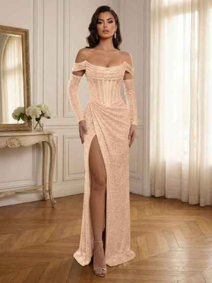 Silver Sequin Off-the-Shoulder Long Sleeves Corset Prom Dress with Slit