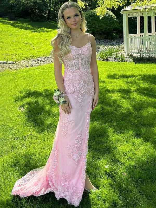 Pink Mermaid Spaghetti Straps Appliques Long Prom Dress with Train
