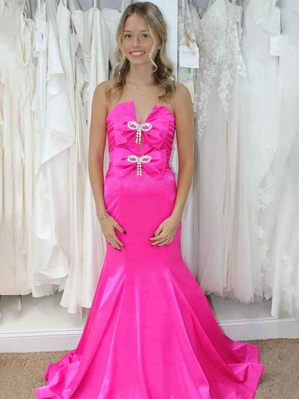 Pink Mermaid Strapless Satin Pleated Long Prom Dress with Bow