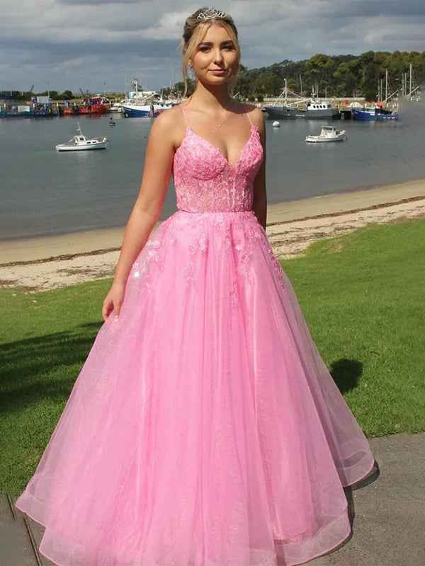 Pink A-Line V-Neck Spaghetti Straps Long Prom Dress with Appliques