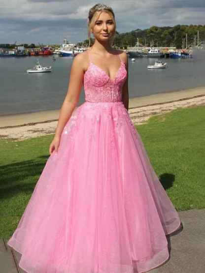 Pink A-Line V-Neck Spaghetti Straps Long Prom Dress with Appliques