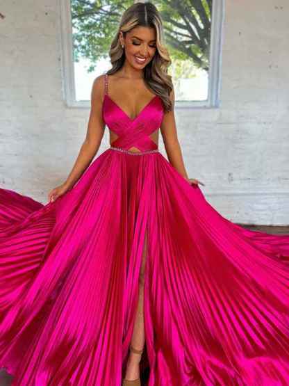 Pink A Line Pleated Cutout Open Back Prom Dress with Slit
