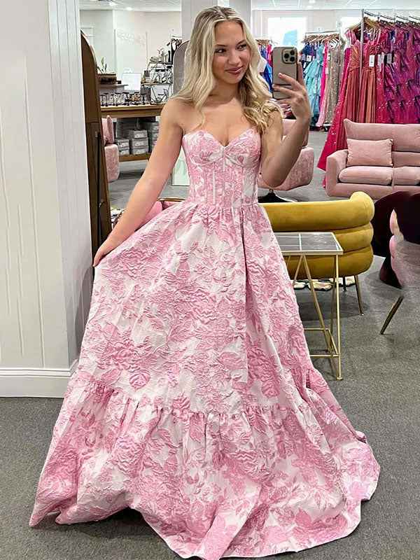 Pink A Line Sweetheart Floral Strapless Long Prom Dress