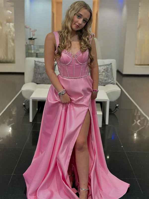 Pink A-Line V-Neck Satin Pleated Long Prom Dress with Slit