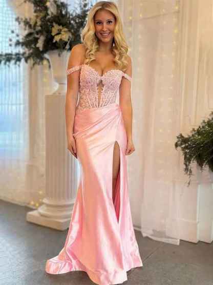 Pink Mermaid Off-Shoulder Sweetheart Appliques Pleated Prom Dress with Slit