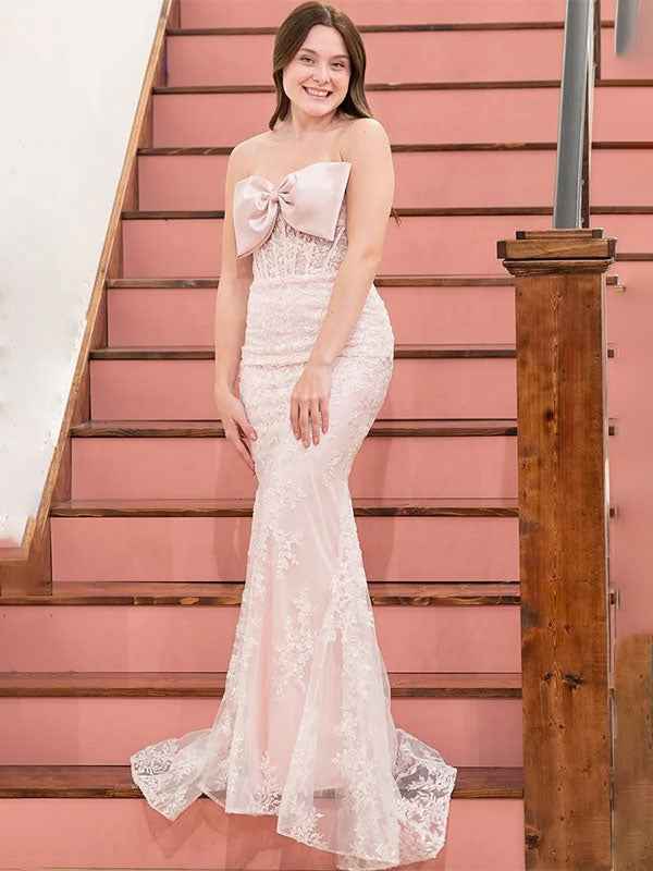 Blue Mermaid Strapless Lace Appliques Long Prom Dress with Bow